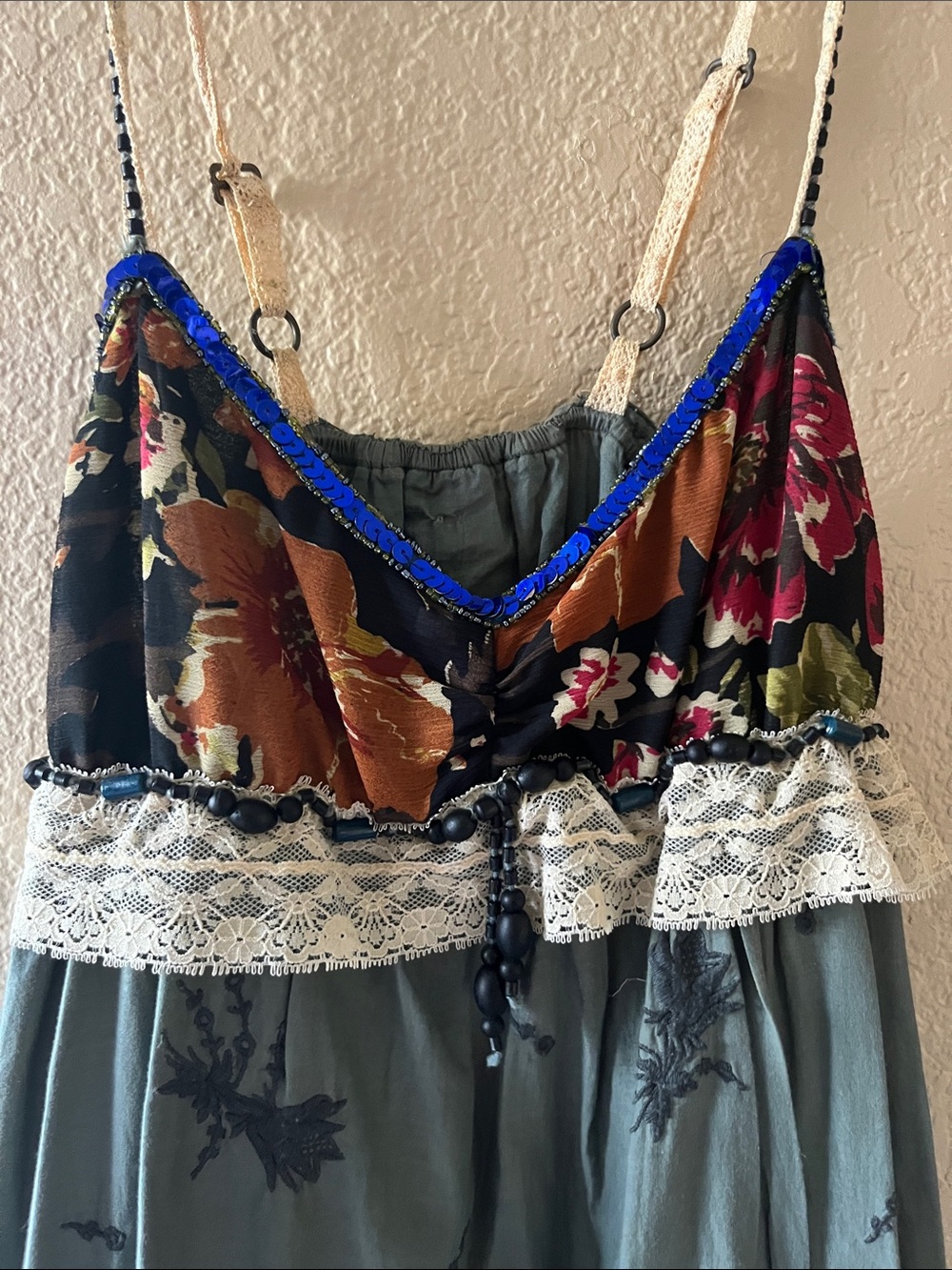 Floral Lace-Trim Spaghetti Strap Dress in Teal - Picture 2 of 3